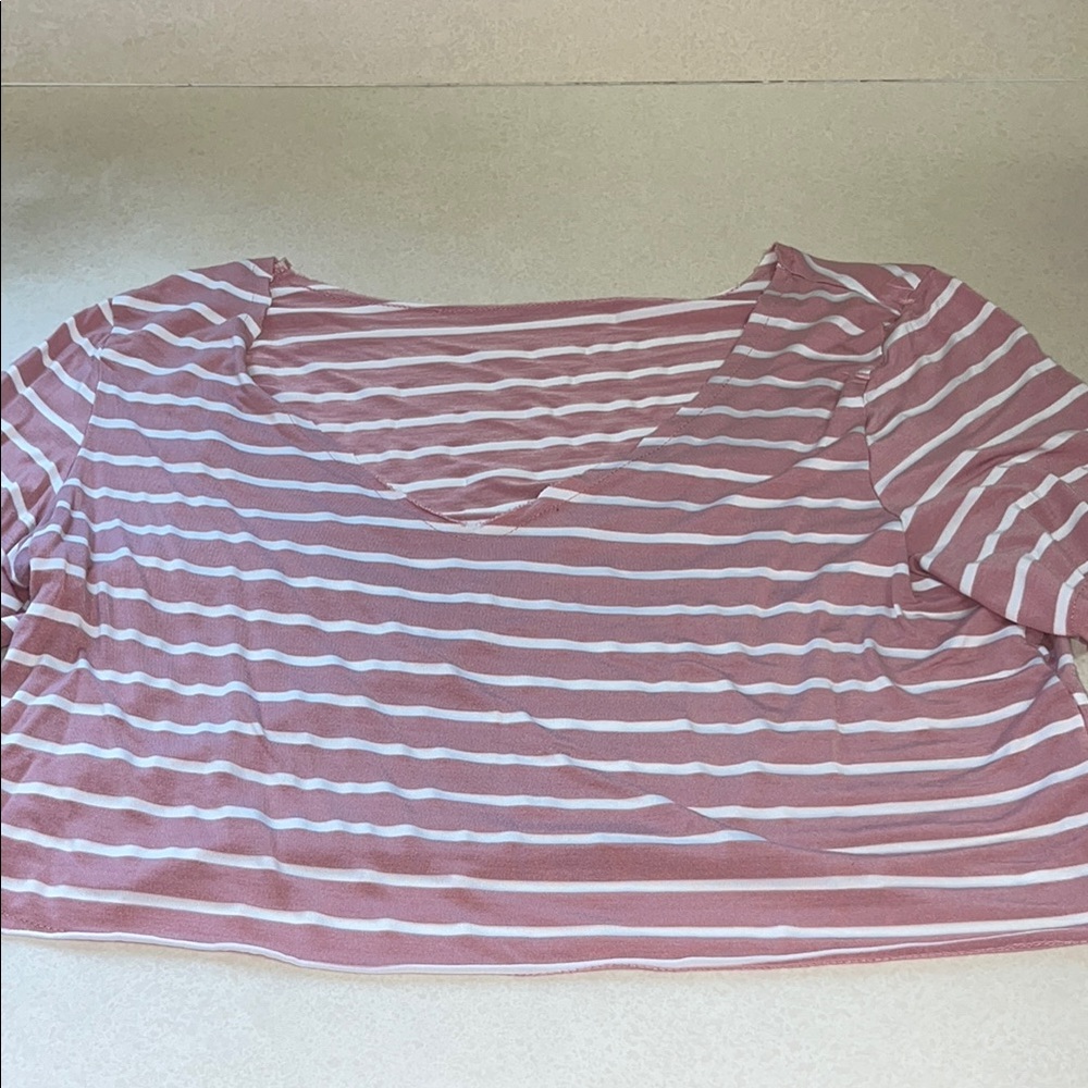 SHEIN Pink and White Fitted Crop Blouse 3/4 Sleeve